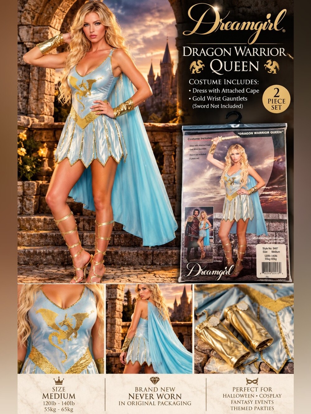 Dreamgirl Dragon Warrior Queen Costume Medium Blue Gold Cape Gauntlets NWT